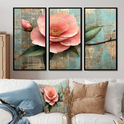 Ensemble de décorations murales Camellia rose et vert Winter Bloom I