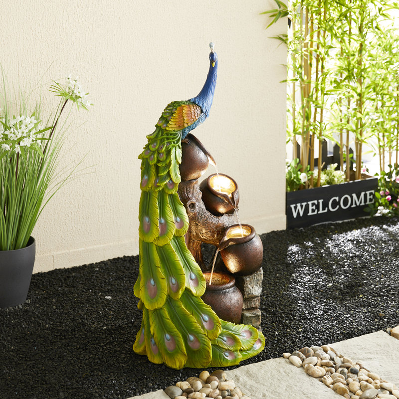 40"H Oversized Peacock & Jars Floor Fountain, 4-Tier Outdoor Water Feature with LED Lights, Polyresin, Without Remote