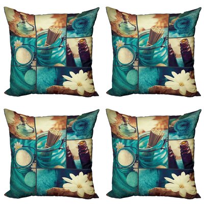 Ambesonne Spa Throw Pillow Cushion Case Pack Of 4, Blue Themed White Daisies Scents Towels And Incense Art Collage Design, Modern Accent Double-Sided -  micfour_21858_16x16