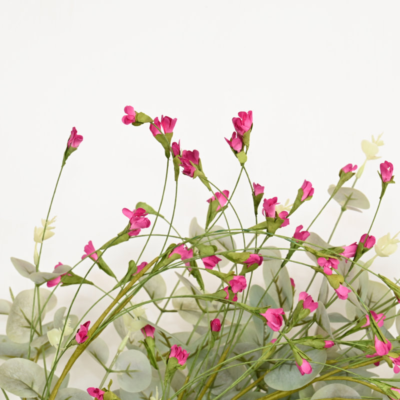 Couronne de porte artificielle florale 24 po Eucalyptus Spring Summer, Vert/rose