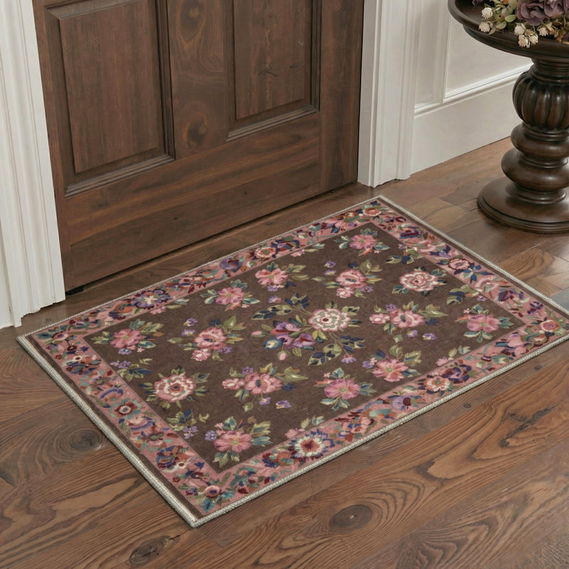 Bellingham Verdant Vintage Floral Machine Washable Pink / Green / Brown Indoor Area Rug with Non-Slip Backing