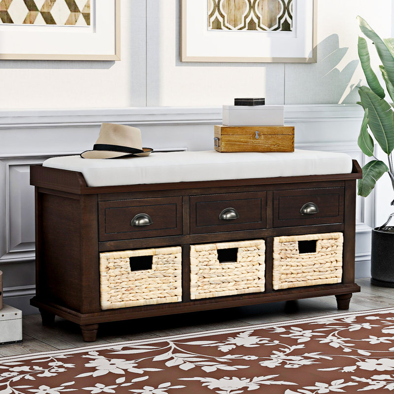 Boltwood Storage Bench with 3 Drawers and 3 Rattan Baskets, Espresso