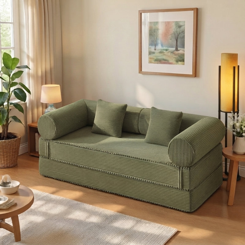Boneless Foldable Modular Corduroy Sofa Bed, Convertible With Deep Seat And Soft Cushions, No Assembly Required, Green