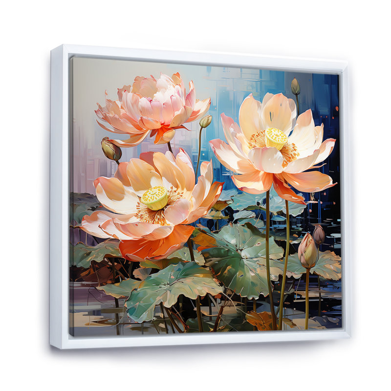 Fleurs de lotus fauves III sur toile, Cadre flottant blanc, H 36 po x l 36 po x P 1,5 po