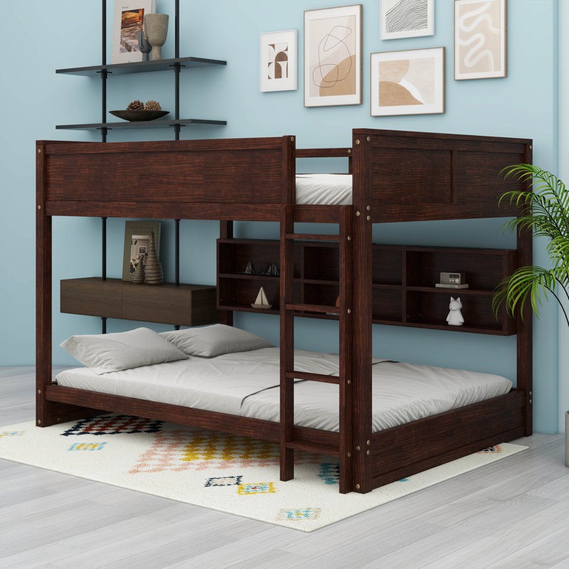 Queen Over Queen Bunk Bed With Storage Cabinets, Brown