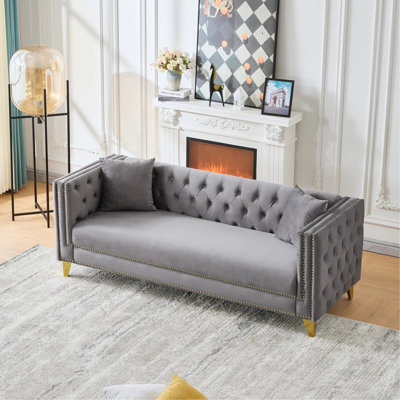80"Chesterfield Velvet Sofa,3 Seater Deep Seat Sofa,Modern Sofa with Button Nailhead,Square Arm Couches,Furniture for Living Room,Bedroom,Office，Grey