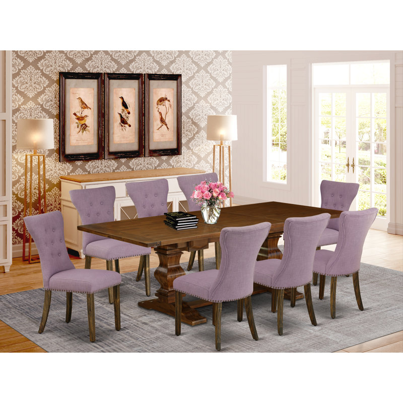 9 Piece Kitchen Table Set Includes a Rectangle Dining Table with Removable Leaf and 8 Dahlia Linen Fabric Parson Dining Chairs, Antique Walnut