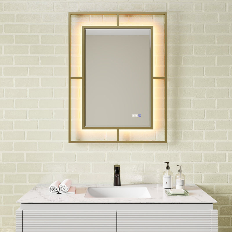 Multi-Function LED Bathroom Mirror, Decorative Handcrafted Iron Frame, Gold, 30" x 40"