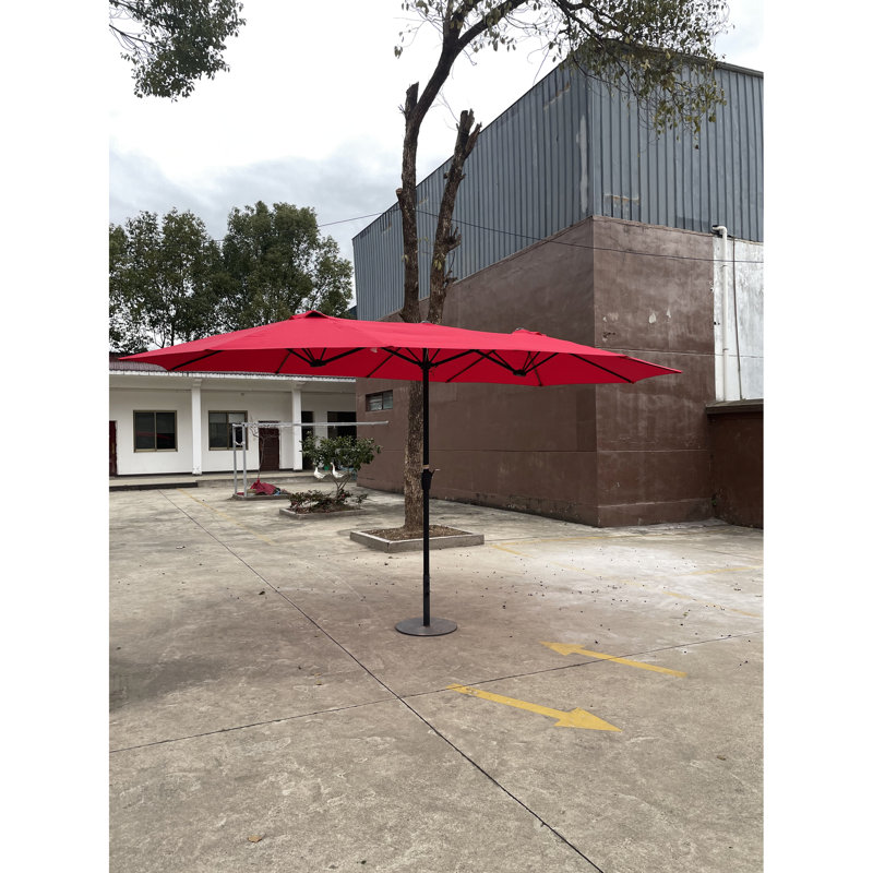 Parasol extérieur imperméable de 15 pi x 9 pi à double face avec table de jardin et parasols simples avec manivelle et évents pour terrasse de jardin