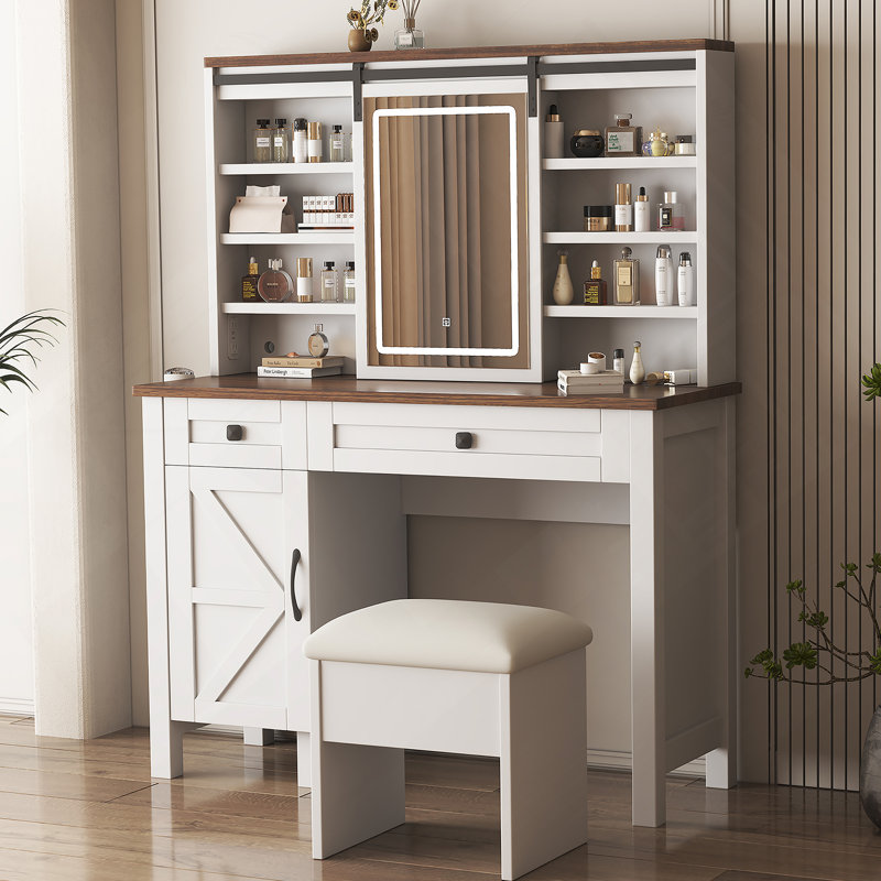 Bureau de maquillage avec miroir coulissant et lumières, support pour sèche-cheveux et prise de charge