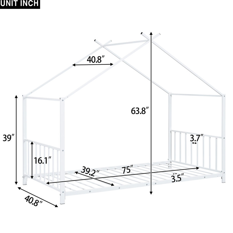 Lit simple blanc en métal - Charmante chambre à coucher essentielle. Structure sécuritaire. Aucun sommier tapissier requis. Assemblage facile. 75 po x 39,2 po. Produit de 42 lb. Hauteur totale de 63,8 po. 18 pièces de lattes. 6 à 8 po