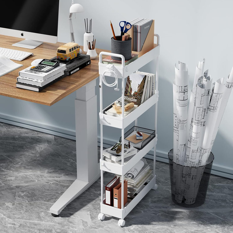 Organisateur de salle de bain mince et mince à 4 niveaux, blanc | Chariot utilitaire mince avec roues
