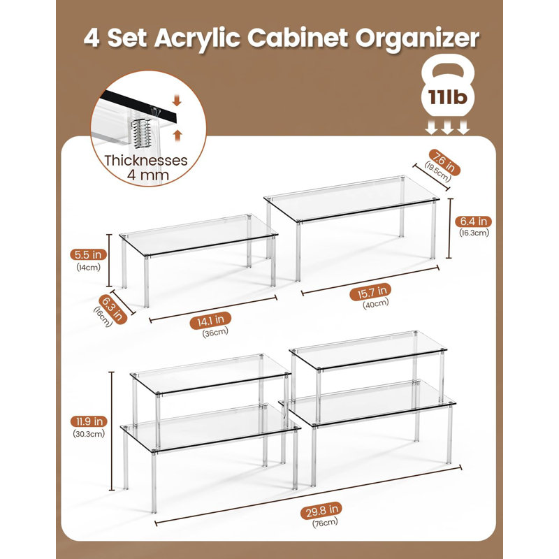 Acrylic Cabinet Shelf Organizer Set Of 4, Large Kitchen Counter Spice Rack For Pantry Storage, Stackable And Expandable Shelf Organizer For Cabinets