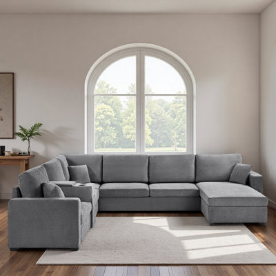 5‑Seat Modular Sectional Sofa Couch with Reversible Chaise Lounge, Built‑In Cup Holders, Hidden Storage Space, Storage Drawer and Throw Pillows