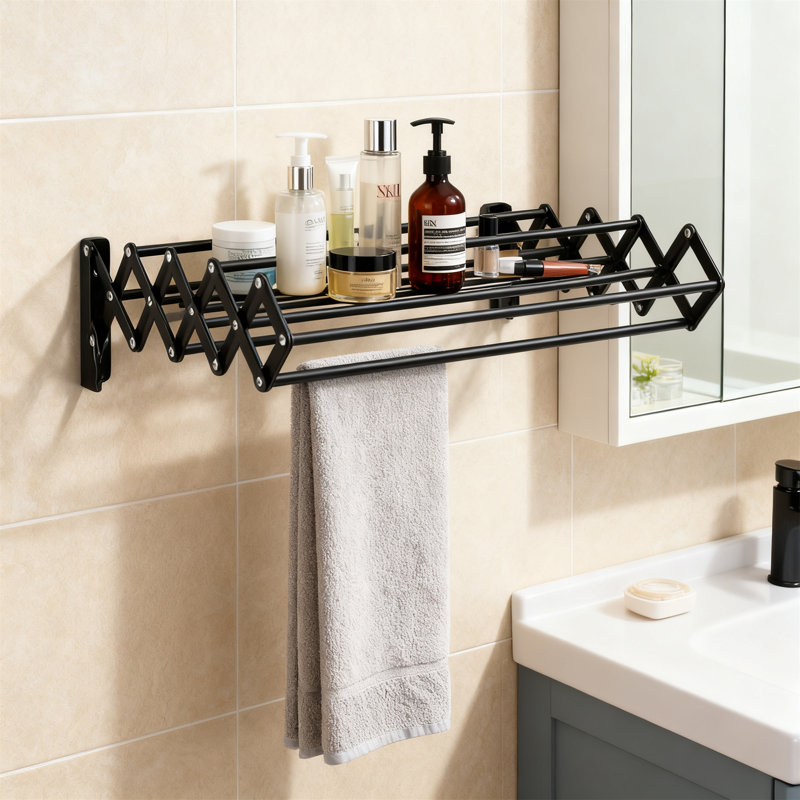 Accordion Wall-Mounted Drying Rack, Expandable Steel with 9 Hanging Rods, 4.7" H x 24.1" W x 15.7" D, White