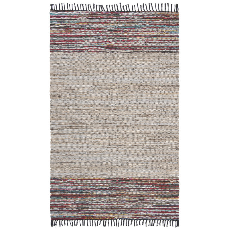 Masi Vintage Leather Hand Woven Leather And Cotton Striped Rug, Rectangle 2'3" x 4'