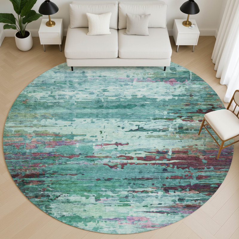 Premium Machine Washable Mayfield Abstract Rug, Teal, 8' Round