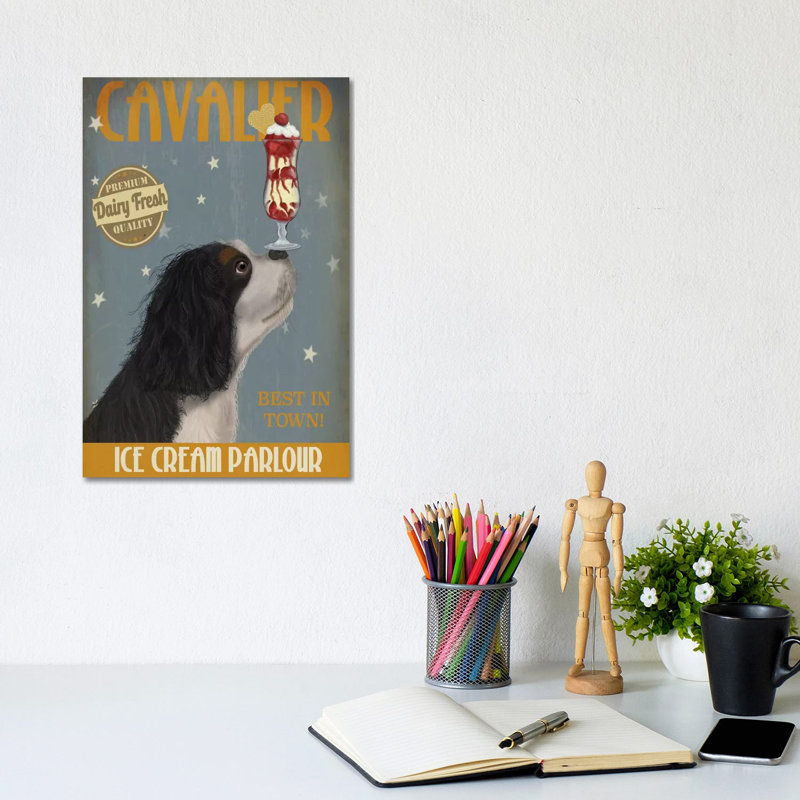 Cavalier King Charles (Black White) Ice Cream Parlour by Fab Funky - Wrapped Canvas Gallery-Wrapped Canvas Giclée