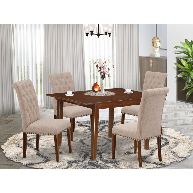 5 Piece Kitchen Table Set for 4 Includes a Rectangle Dining Table with Butterfly Leaf and 4 Light Tan Linen Fabric Parson Chairs, Mahogany
