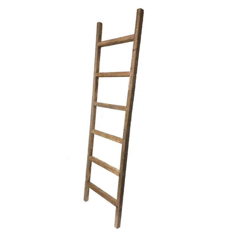 Orla Rustic Step Wood Ladder Shelf, Gray, (6 Shelves) 65" H x 17" W x 3" D
