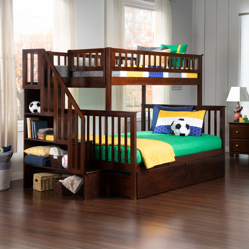 Ilariana Wood Bunk Bed with Staircase and Drawers, Walnut, Twin over Full