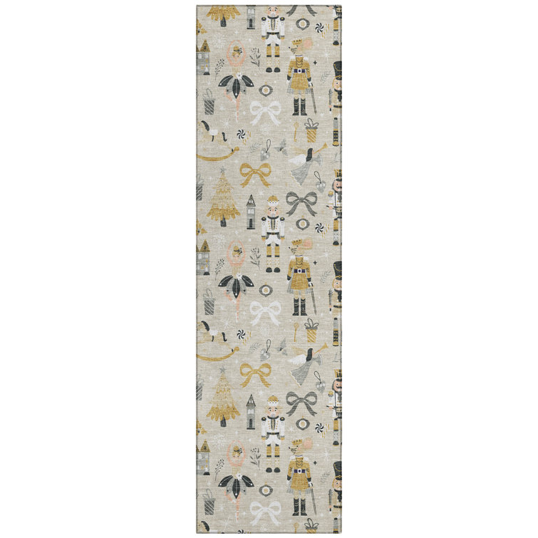 Machine Washable Indoor/Outdoor Christmas Nutcracker Xhevrie Beige Rug