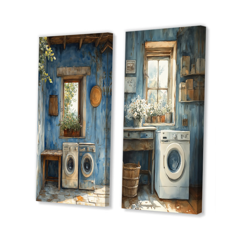 Blue Washday Blues I - Ensemble de 2 pièces d'art mural, Ne s’applique pas, Toile tendue sur cadre, H 28 po x l 24 po