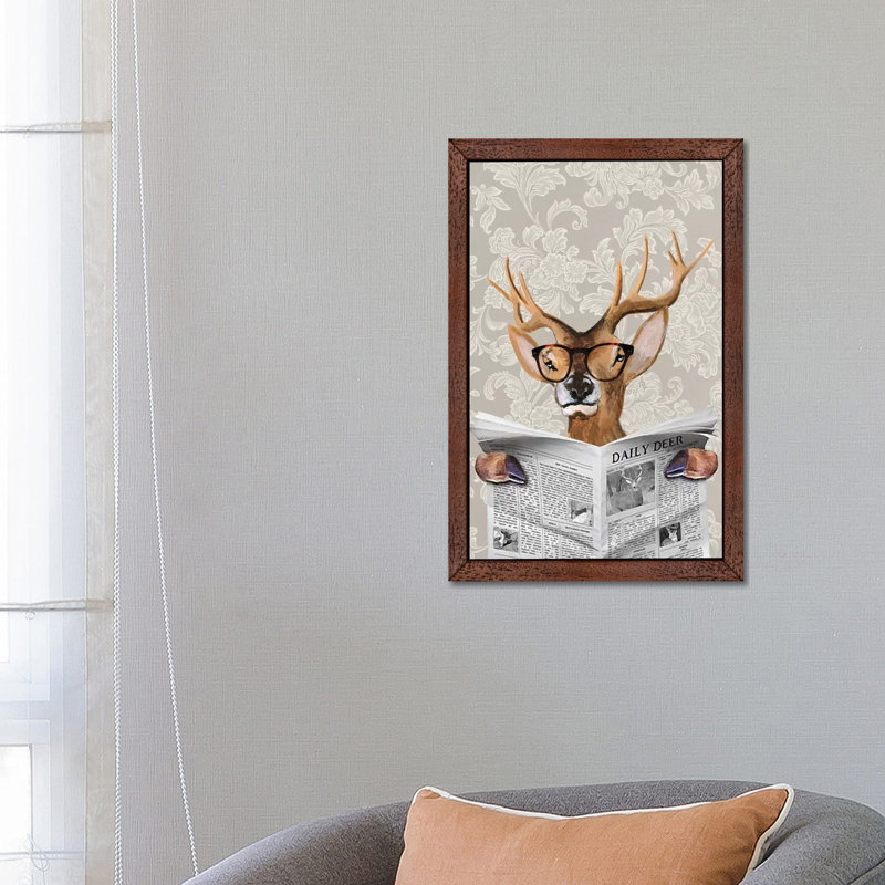 Deer Reading Newspaper by Coco De Paris - Print on Canvas, 66.04 cm H x 45.72 cm W, Brown Framed
