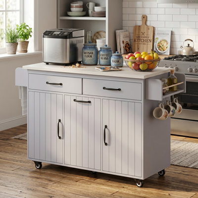 Kitchen Island With Trash Can Storage Cabinet, Kitchen Cart With Drop Leaf, Spice Rack, Towel Rack And Drawer, Rolling Kitchen Island On Wheels With Adjustable Shelf