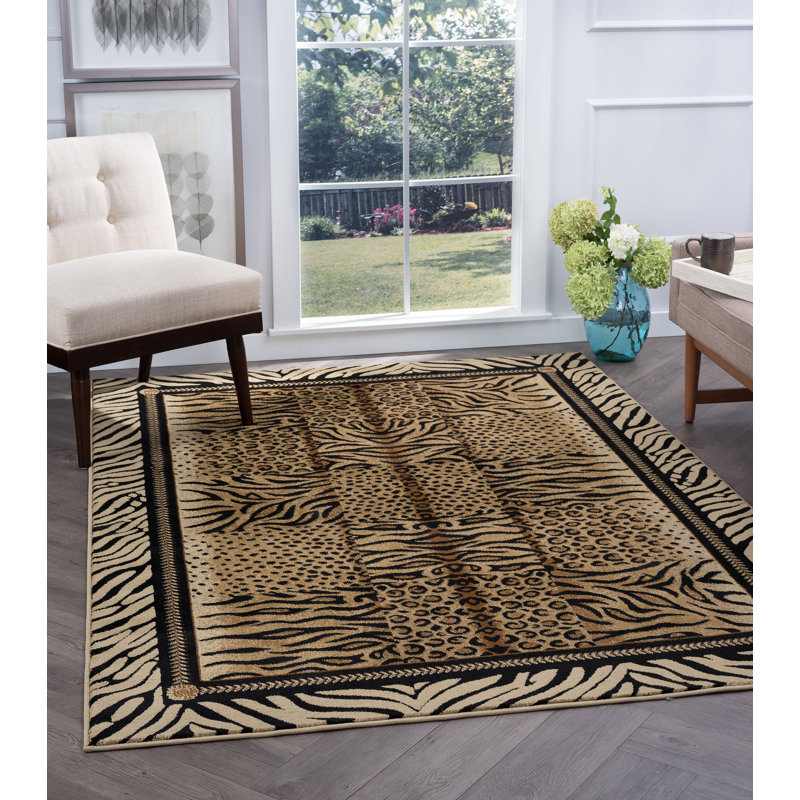 Alpaslan Animal Print Leopard, Tiger, Zebra Beige/Black Area Rug, Rectangle 5'3" x 7'3"