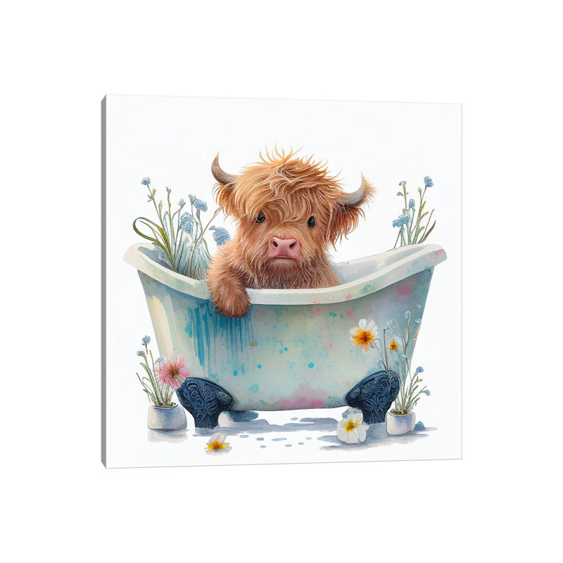 «Bathing A Highland Cow II» - Estampe numérique sur toile tendue avec châssis