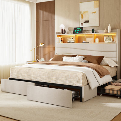 Upholstered Platform Bed With 6 Storage Drawers, Charging Station, and Led Light, No Box Spring Needed