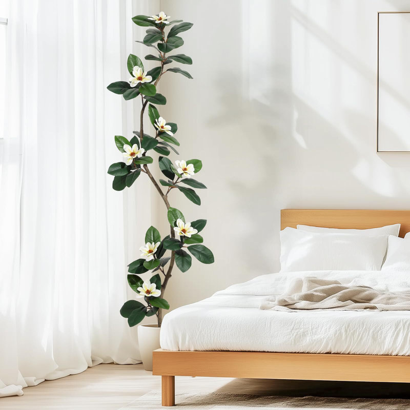 Rubber Tree Artificial Tree In White Planter Pot, 86.61" H x 9.05" W x 9.05" D