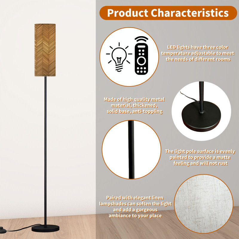 PeeNoke 68.5" Standing Floor Lamp brown seamless wooden zigzag panels planks Grunge old wood herringbone Dimmable Metal Pole Lamp with Linen Lampshade LED Bulb Included