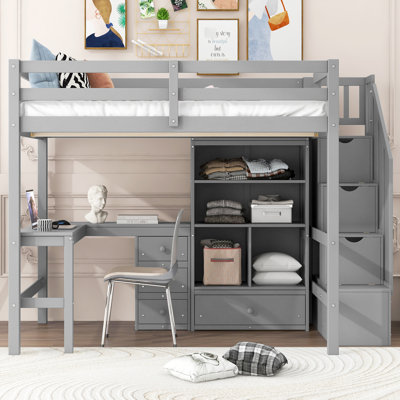 Full Size Loft Bed With L-Shaped Desk, Drawers, Cabinet & Designed Staircase Space Maximizing Drawers Stairs