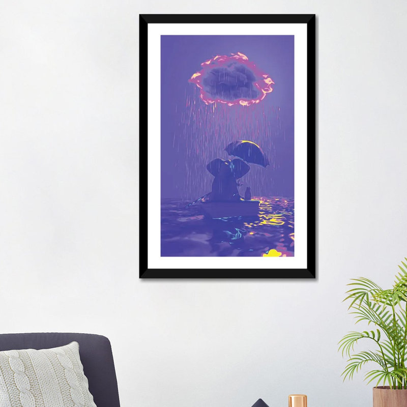 Un éléphant et un chien flottant dans un bateau dans la pluie IV par Mike Kiev-impression d’art graphique, Papier noir, Blanc