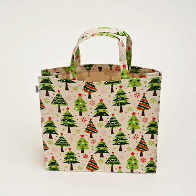 Laminated Cotton Christmas Gift Bag Featuring Festive Tree Print and Matching Fabric Handles, Large 14 Inch Wide