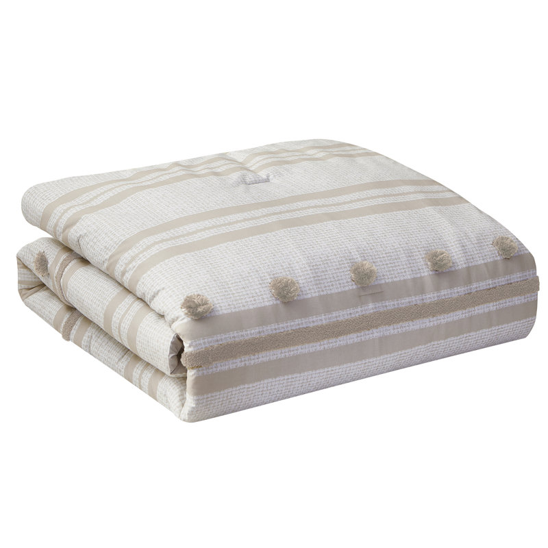 Full Gray Cotton Reversible Comforter Set with Pom Pom Stripes