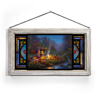 SGA DISNEY M&M SWEETHEART CAMPFIRE 13X23 TKS; STAINED GLASS ART WHITEWASH FRAMED