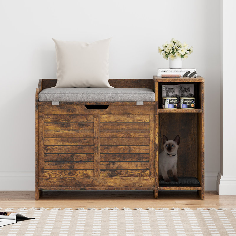 Large Wooden Cat Litter Box Enclosure with Flip-Top Opening | Hidden Storage Shelf, Litter Mat & Cushion for Multi-Cat Homes