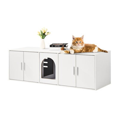 57.9" White Cat Litter Box Furniture With Hidden Design, - Access Windows, Stable Structure, And Easy To Clean Finish Enclosure For Cats, Waterproof Surface, Pre Numbered Board
