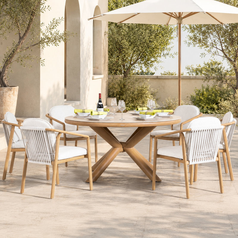 Ensemble repas pour 6 personnes en aluminium avec table ronde, coussins inclus