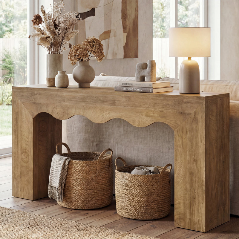 63-Inch Long Sofa Table, Farmhouse Wood Console Entryway Table, Light Brown