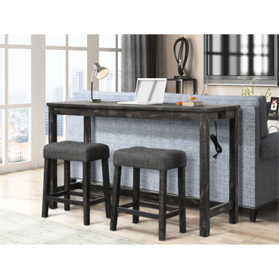 Rustic & Transitional 3 Piece Counter Bar Dining - Solid Wood Table With And Electrical Outlet, Linen Upholstered Stools, Charcoal Black, 60 Inch Rectangular Table, Seats 2, Design Ports, Electric