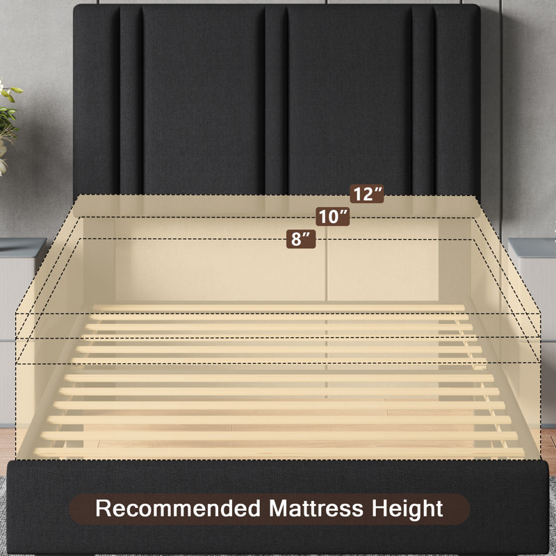 Structure de lit tapissier simple avec tête de lit en tissu de lin, support solide en lattes de bois, silencieux, sans sommier tapissier, noir
