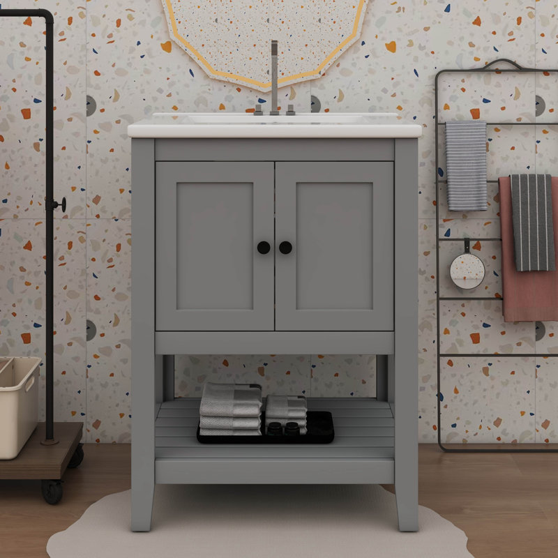Meuble-lavabo contemporain élégant avec lavabo délicat en céramique et tablette ouverte, Gris