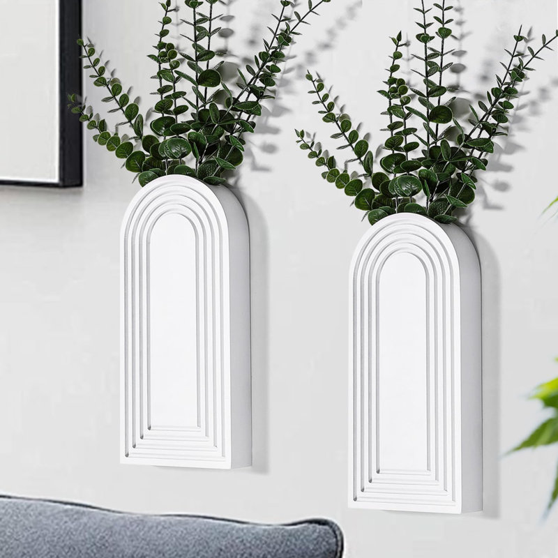 Ensemble de 2 vases muraux en bois - Décoration murale moderne de style campagnard et bohème blanc pour entrée, couloir, salle de bain, salon, salle à manger, espaces étroits