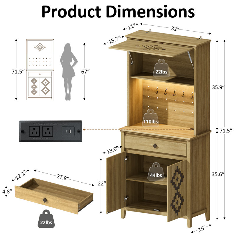Armoire de rangement de 72 po de hauteur, éclairage DEL et prise de courant, armoire de rangement à tablettes réglables pour la cuisine, chêne naturel