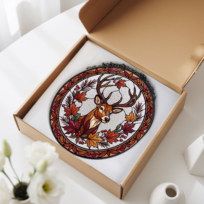 Panneau de vitrail Autumn Deer, 7,8 heures, H 7,8 po