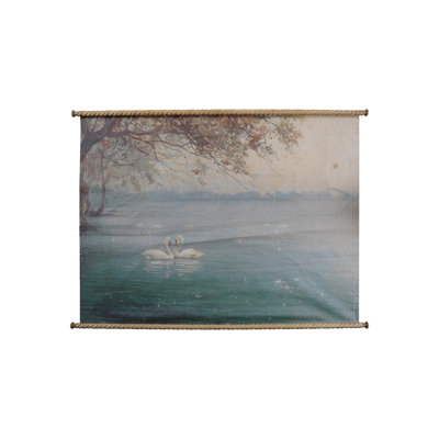 Décoration murale volute en bois sculpté et toile avec cygnes
